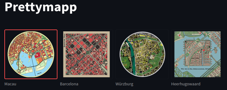 On voit 4 cartes, 2 rondes et 2 carrées de différentes villes : Macau, Barcelona, Wurzburg et Heerhugowaard