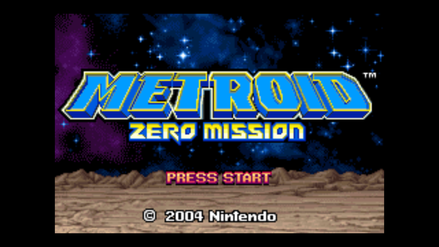 Screenshot of Metroid Zero Mission title screen running in mGBA.
