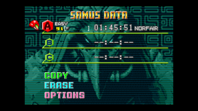 Screenshot of Metroid Zero Mission game save menu.