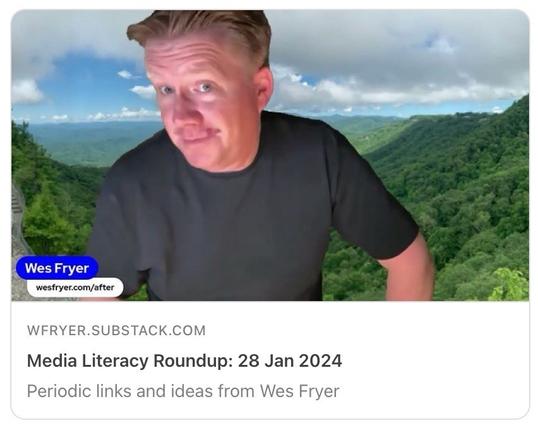 Man in a black t-shirt against a backdrop of green hills under a cloudy sky, with text overlay promoting a media literacy roundup.