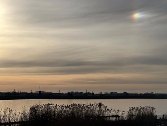 A sundog above the river Lek and the windmills of Kinderdijk