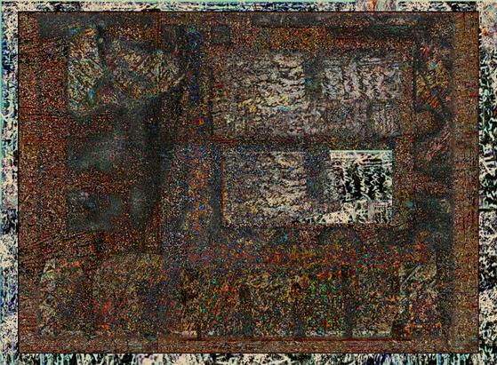 Heavily corroded and aged effect deconstructs text, image, and writing.
