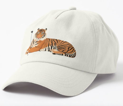 Our tiger mascot is playing golf, as shown on a hat.
