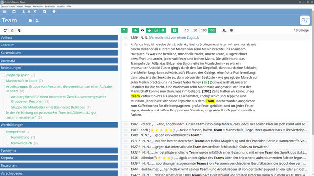 Digitalen Karteikasten zum Lemma Team in der Zettelkastenapp Zettel's Traum von Wortgeschichte digital