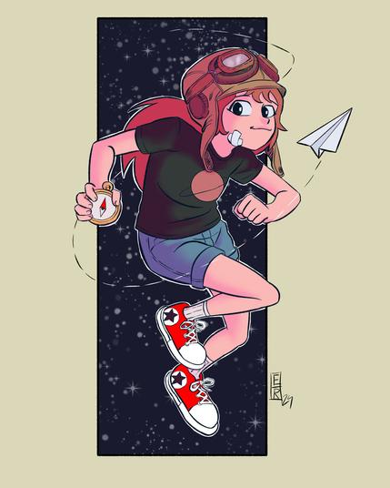 EN
Drawing of a happy little girl wearing an aviator cap and glasses, holding a compass. She is wearing a dark green blouse, blue denim shorts and red sneakers with white details. On her face is a small bandage. The little girl's pose suggests a leap of happiness. In the background, a bluish rectangle represents the starry night sky, and around the girl, a pattern of dotted lines simulates the path of a small paper airplane.

PTBR
Desenho de uma garotinha alegre usando um gorro e óculos de aviador, segurando uma bússola. Ela veste uma blusa verde escura, shorts jeans azul e tênis vermelho com detalhes brancos. No rosto, um pequeno curativo. A pose da garotinha sugere um pulo de felicidade. Ao fundo, um retângulo de cor azulada representa o céu noturno estrelado, e ao redor da menina, um padrão de linhas pontilhadas simula o trajeto de um pequeno avião de papel.
