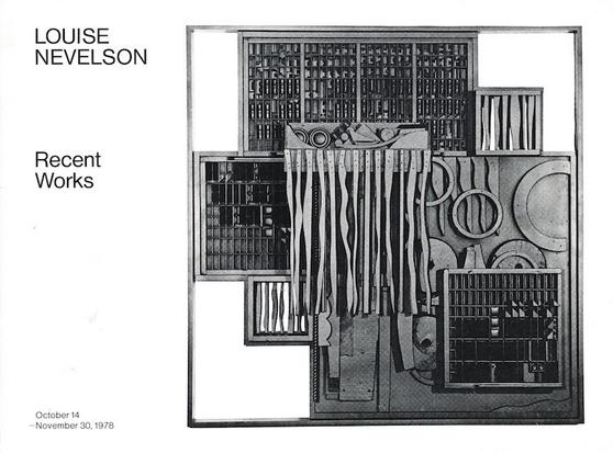 An exhibition catalog. The cover shows a black painted wooden relief sculpture by American artist Louise Nevelson. Entitled Louise Nevelson: Recent Works