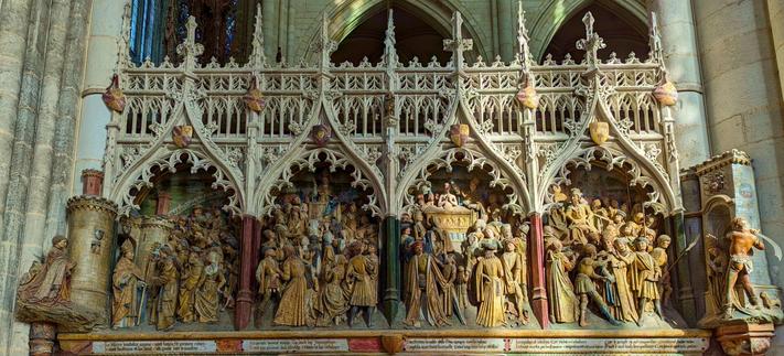 painted stone sculptures from the 15th century, that form part of the screen walls of the choir of Amiens Cathedral in France, others are on transept walls. These impresss today and the cathedral has many of these. Must see! January 2024.