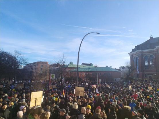 Viele Menschen vor dem Michel. Die Straße ist komplett mit Demonstrierenden gefüllt.