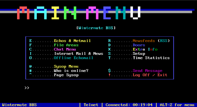 Screenshot of the Wintermute BBS main menu