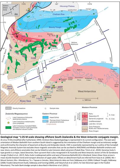 Geological map ~1:25 M scale showing offshore South Zealandia and the West Antarctic conjugate margin.