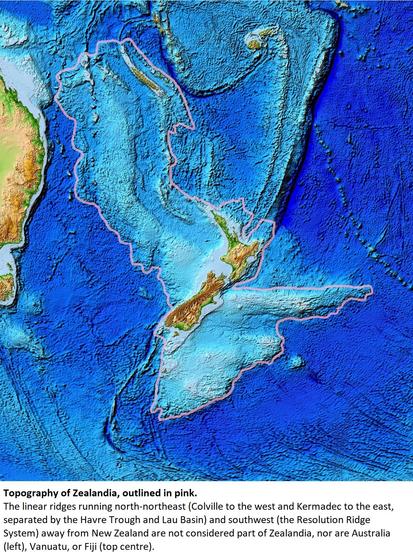 map / graphic - Topography of Zealandia, outlined in pink. The linear ridges running north-northeast (Colville to the west and Kermadec to the east, separated by the Havre Trough and Lau Basin) and southwest (the Resolution Ridge System) away from New Zealand are not considered part of Zealandia, nor are Australia (left), Vanuatu, or Fiji (top centre).