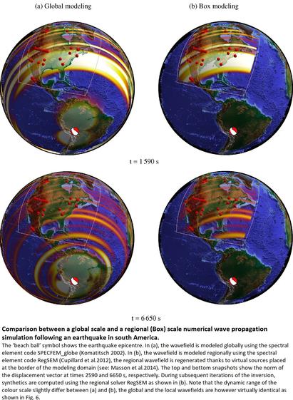 maps / model results - Comparison between a global scale and a regional (Box) scale numerical wave propagation simulation following an earthquake in south America.