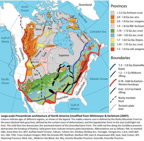 geologic map - North America - Large-scale Precambrian architecture of North America (modified from Whitmeyer & Karlstrom (2007). Colours indicate ages of different regions, as shown in the legend.