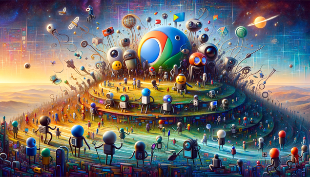Ein digitales Panoramakunstwerk, das eine Vielzahl von Suchmaschinen zeigt, die jeweils als skurrile, anthropomorphisierte Charaktere dargestellt werden, die sich mit anderen Menschen unterhalten.
