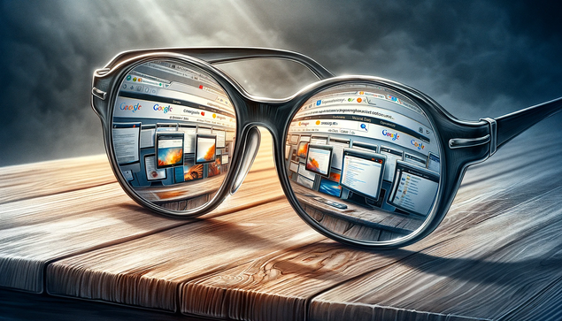 Stell dir eine Szene vor, in der das zuvor erstellte digitale Panorama von Suchmaschinen, die in verschiedenen Webbrowsern geöffnet sind, nun din einer Brille gespiegel