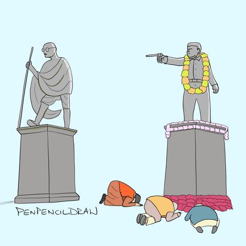 Cartoon by PenPencilDraw depicting Gandhi's assassin Godse being worshipped