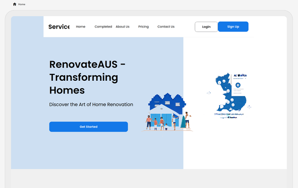 Screenshot of the AI-generated hero section. It has a floating navigation with a broken logo and uneven spacing between links. The main hero has a split blue-white background with some small, entirely irrelevant and distorted AI-generated images. The CTAs are for a tech product and not a marketing website, like "Sign up".