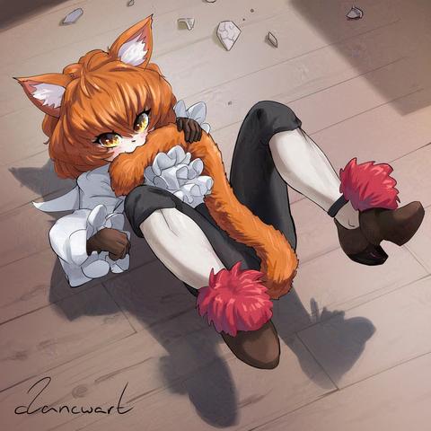 Digital painting of a silly orange cat (person) biting it's own tail
