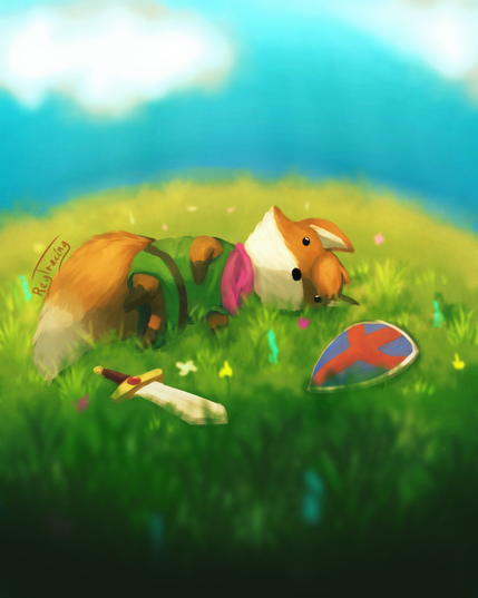 A digital painting of a small red fox in a tunic lying down in a field of grass and wild flowers along with a sword and shield. 
On the left side of the fox's tail is a signature that reads "ReyTracing"