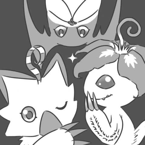 black and white digital art of piyomon, palmon, and patamon.

piyomon is winking with its left eye, covering part of its beak with right wing.

palmon is drawn in side view, looking at camera with left hand covering part of its mouth.

patamon is upside down at the top of the picture, covering its open mouth with both paws.