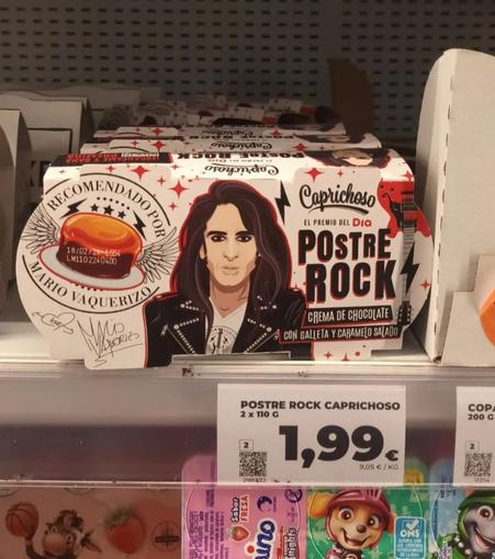 Foto de postre de Mario Vaquerizo llamado postre Rock caprichoso, con el dibujo de se supone Mario Vaquerizo en el supermercado Día.