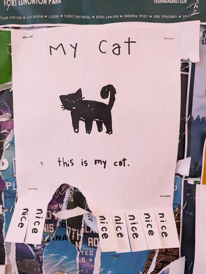 A white poster stapled to a poster wall in downtown Edmonton. The handwritten title at the top is "My Cat"

Below that is a hand-drawn black cat with a white chin and white paws.

Below that is handwritten "this is my cat."

At the very bottom are some tear-off strips, each just says "nice". A few of them have been torn off.
