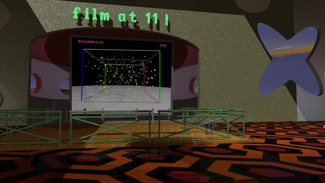 image d'un écran dans une rotonde sur lequel est projeté l'image théorique d'un univers bloubeux fermé.