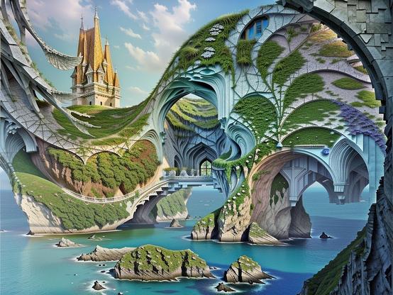 A gravity-defying surreal landscape with grass-covered bridges and a castle perched on cliffs by the sea.