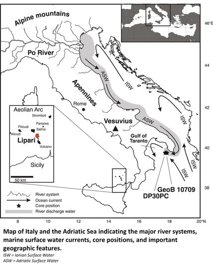Map of Italy and the Adriatic Sea indicating the major river systems, marine surface water currents, core positions, and important geographic features.