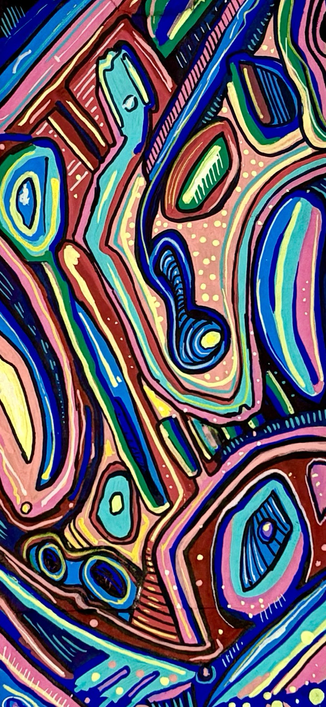 Colorful abstract drawing with long lines and oval shapes on a brown paper bag