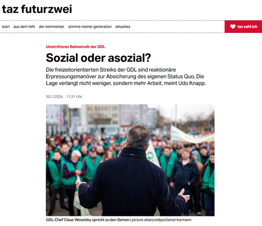 Lede of severely worded union-bashing article in taz futurzwei journal.