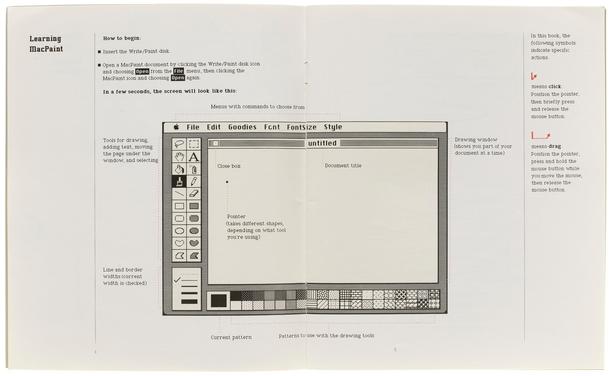 Photo of an interior spread from the booklet showing the MacPaint interface and describing its parts.