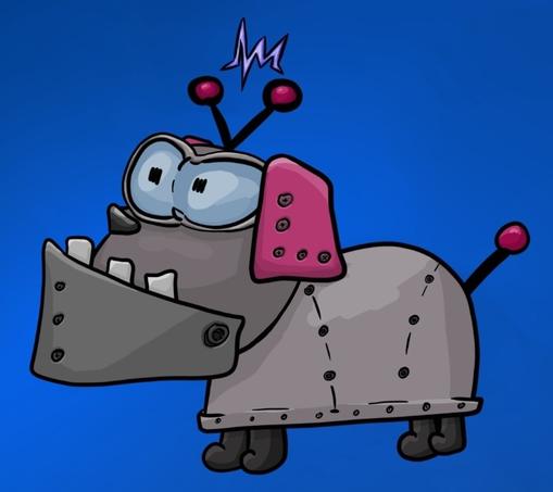 A grey robot dog with big teeth, pink ears and two antennas on the top of the head. A small lightning bolt connects the antennas. The dog looks grumpy.