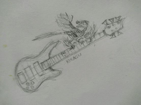 A sketch of a 5-string bass guitar with a Microraptor skeleton perched on it.