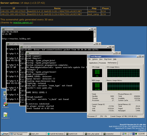screenshot of a reactos server running multiple applications like xash3d and nginx+php with taskmanager.