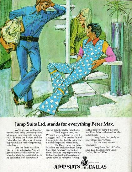 artist dipiction of two men wearing outfits while a woman smiles on. One man has a blue button top and pants, the other is in a light blue with white stars from head to toe.