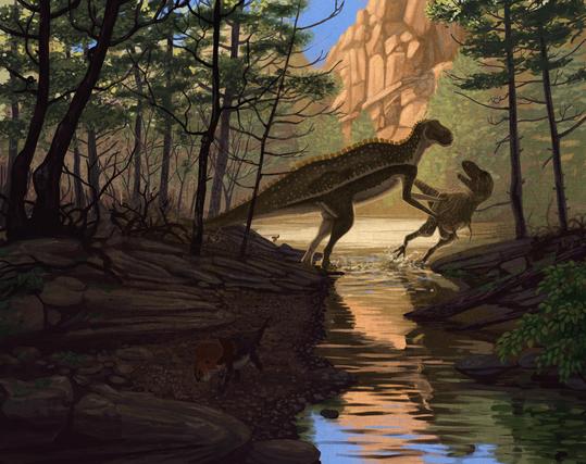 A scene with a Shantungosaurusand shoving a  Zhuchengtyrannus in the background with a Zhuchengceratops running away in the foreground. The dinosaurs are situated in a forest with a stream reflecting the sunlight. The stream runs into a gorge with orange rocks.