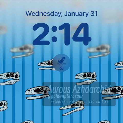 Phone lock screen with a pattern of dromaeosaur skulls as the background