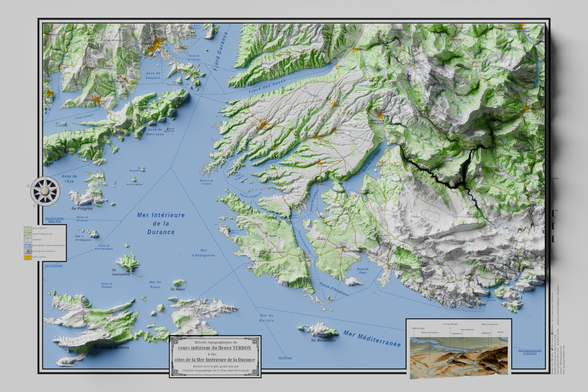 Carte de la basse vallée de la Durance, de la région des gorges du Verdon, avec un niveau de la mer à 480 mètres au-dessus de niveau réel.