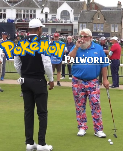 Snygg smal välklädd kille med pokémons logga tryckt ovanpå. Mittemot står en skrikigt klädd äldre och tjockare man med solglasögon och röker kaxigt, palworlds logga ovanpå.