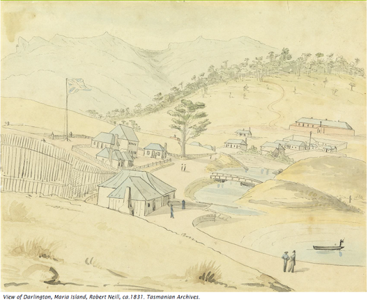 Watercolour sketch of Darlington settlement, Maria Island. 1831