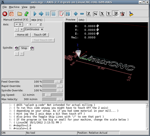 A screenshot of the default LinuxCNC control UI which looks like it came from the early 90s.