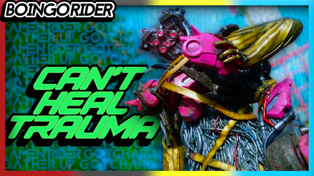 youtube thumbnail feathuring Spanner from Kamen Rider Gotchard in a monster form. the words "can't heal trauma" are beside them.