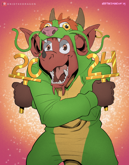 Nid celebrates the Year of the Dragon by wearing a green eastern dragon onesie while happily holding up the numbers for 2024.