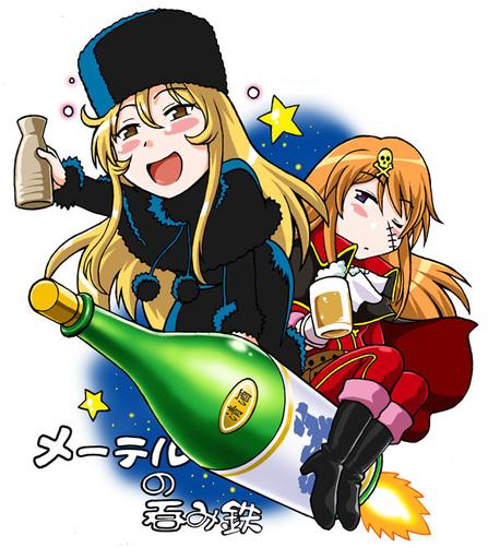 A drawing of chibi forms of Maetel and Queen Emeraldas, flying on a bottle of sake. Maetel is holding a sake bottle while Emeraldas is holding a beer jug. They are both drunk.