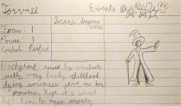An index card with a character sheet for a Magus named Torviel.