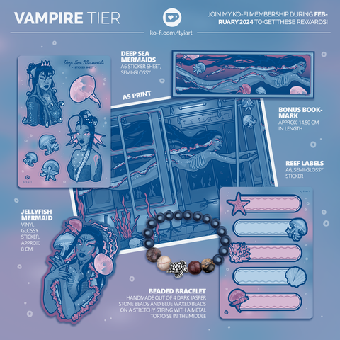 An overview of a mermaid-themed art bundle featuring an art print, a bookmark, two sticker sheets, a vinyl sticker and a handmade bracelet.