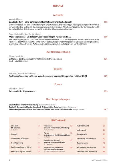 Seite 1 des Inhaltsverzeichnisses der NJW 6/2024