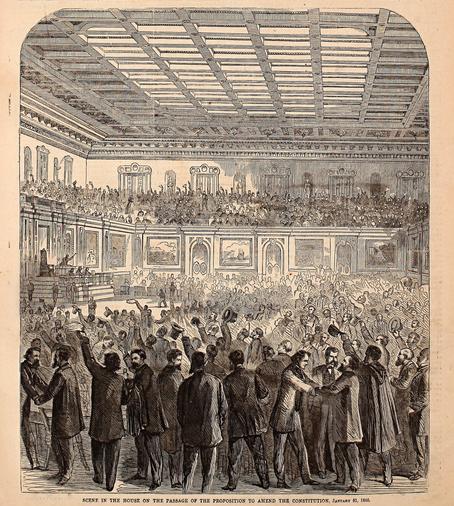 Celebration erupts after the Thirteenth Amendment is passed by the House of Representatives. By Harper&#039;s Weekly, 18 February 1865 - Internet Archive, Public Domain, https://commons.wikimedia.org/w/index.php?curid=26945739