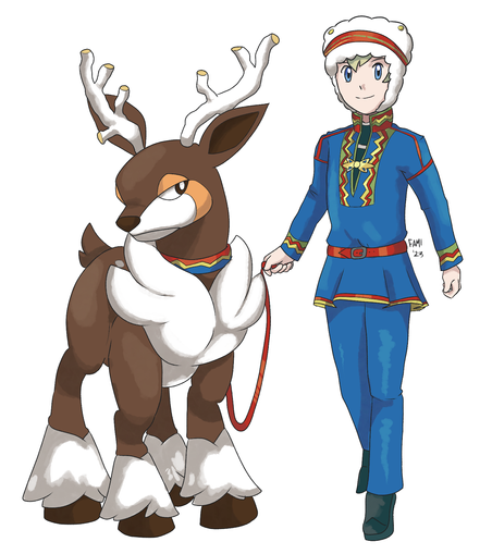 illustration of a Sami man with a Sawsbuck on a leash